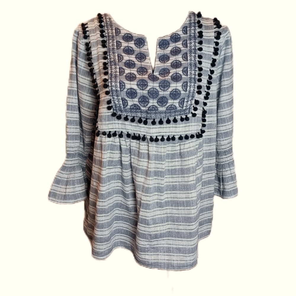 Blue Rain Stripped Top/Blouse with Pom Pom detailing and Embroidery. Size L